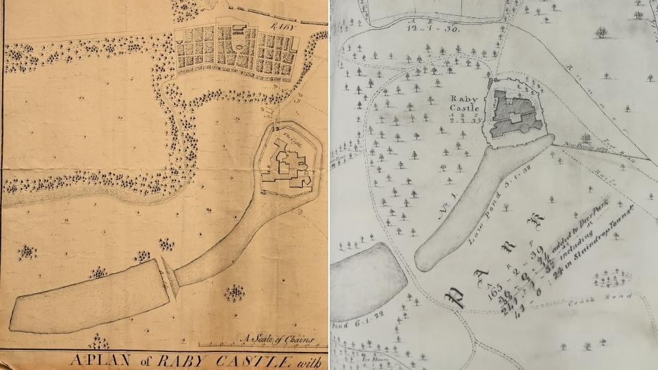 Left - Plan of Raby approx c1740-1760. Right - George Dixon plan of Raby 1812