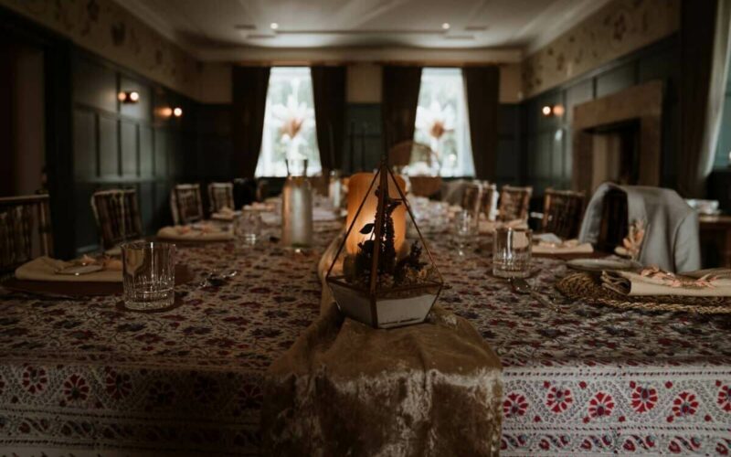 Tables are set for the intimate wedding in Upper Teasdale at the High Force Hotel and Waterfall