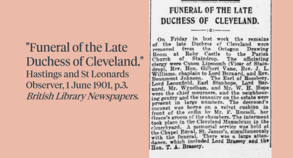 Newspaper clipping about the Funeral of the late Duchess of Cleveland