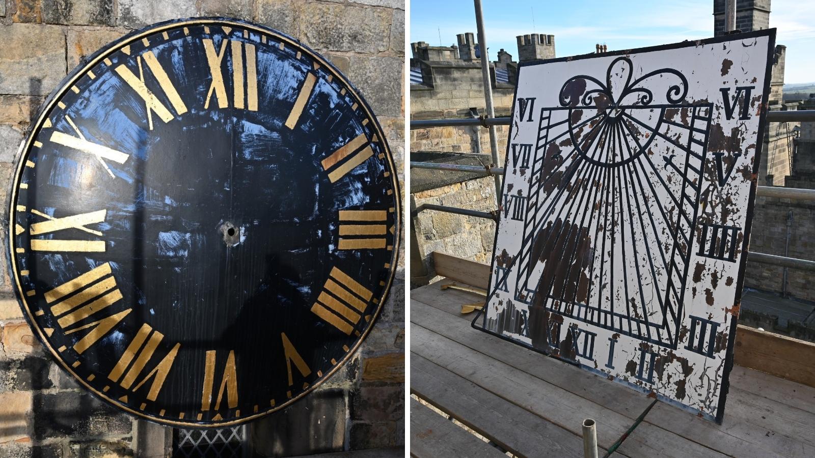 Clock and sundial before conservation repairs