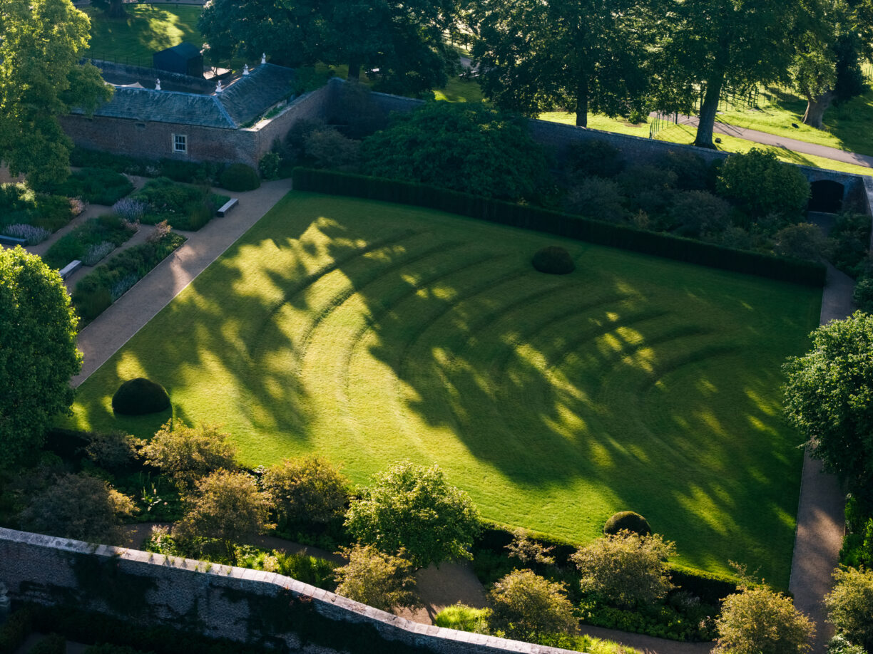 Empty Garden Amphitheatre at Raby Castle prepared for Rock Choir’s afternoon concert.